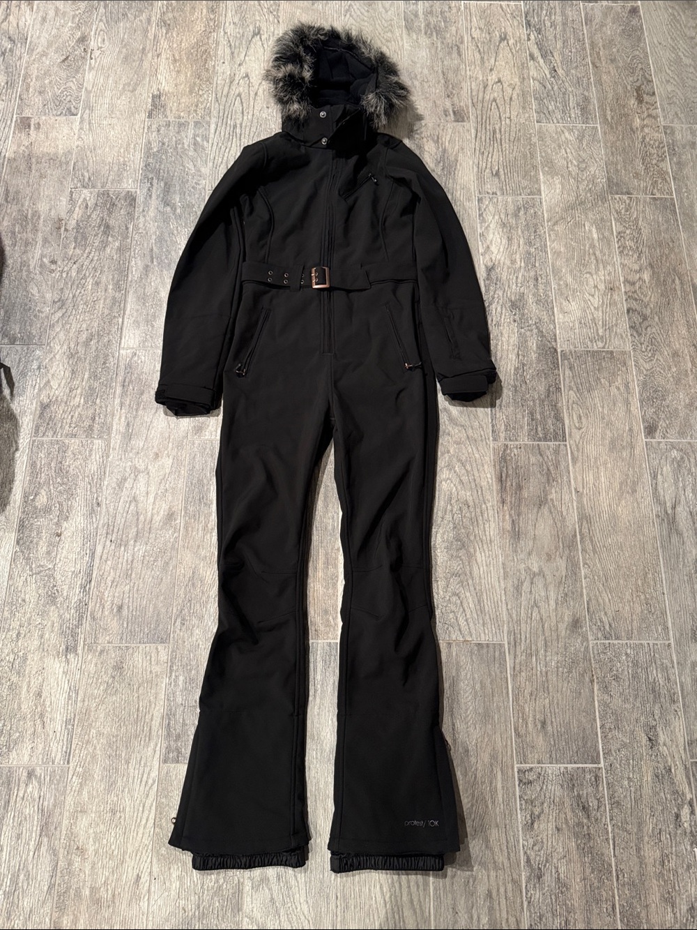 Black Women's Insulated Ski Jumpsuit with Faux Fur Hood